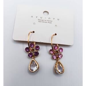 Sterling Silver Pink Crystal Flower Drop Hoop Leverback Earrings